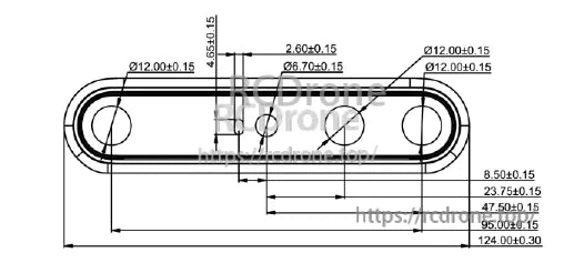 Technical drawing of Orbbec Gemini 335LG 3D camera showing exact dimensions and specifications.