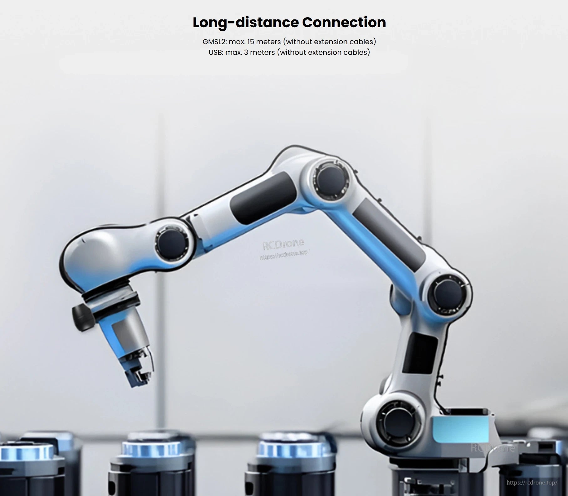 Orbbec Gemini 335Lg Stereo Vision 3D Camera, GMSL2 supports up to 15m long-distance connection; USB reaches 3m without extensions. Robotic arm with camera operates in industrial environments.