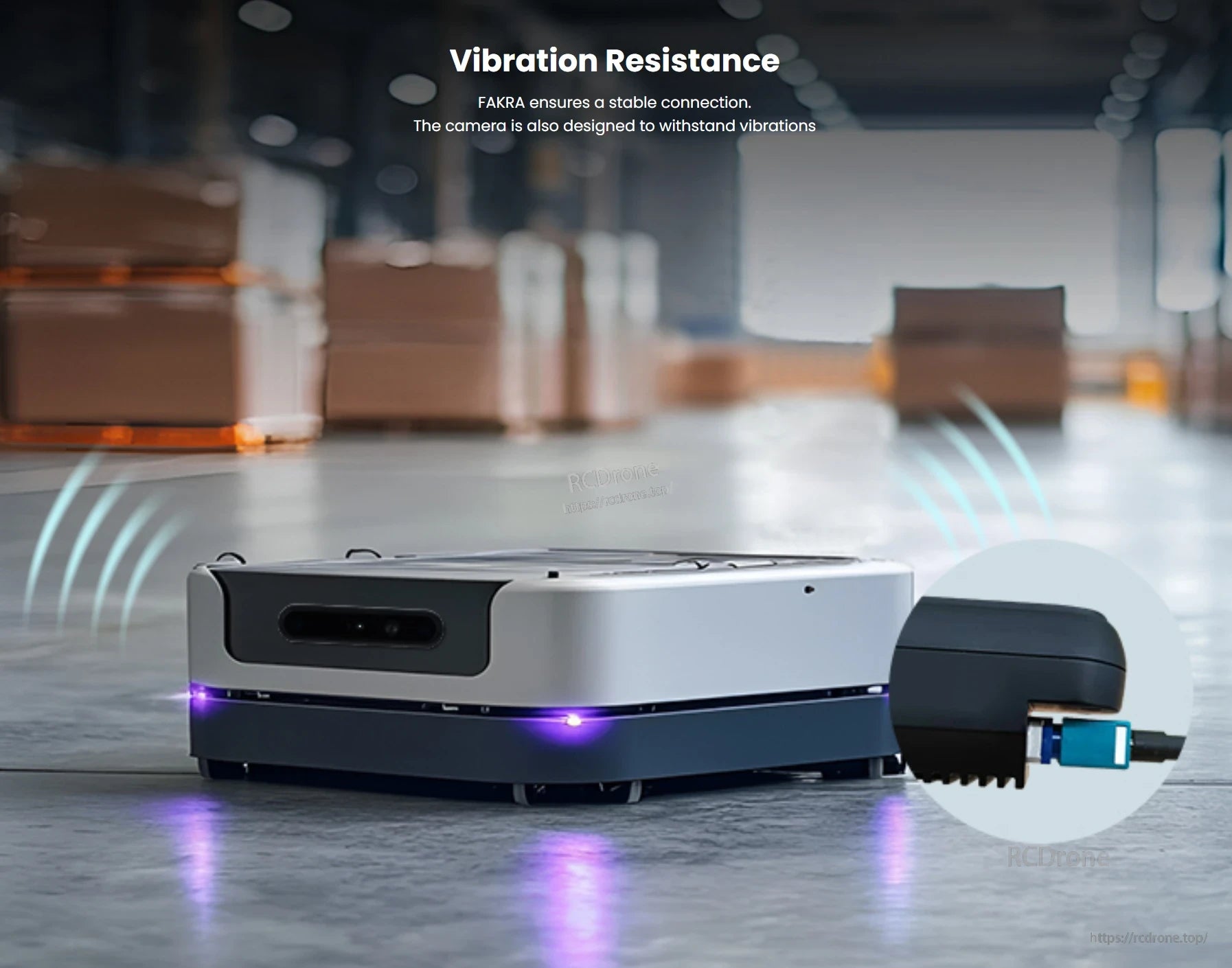 Orbbec Gemini 335Lg Stereo Vision 3D Camera, FAKRA ensures stable connections; the camera is built for vibration resistance and reliable performance in demanding environments.