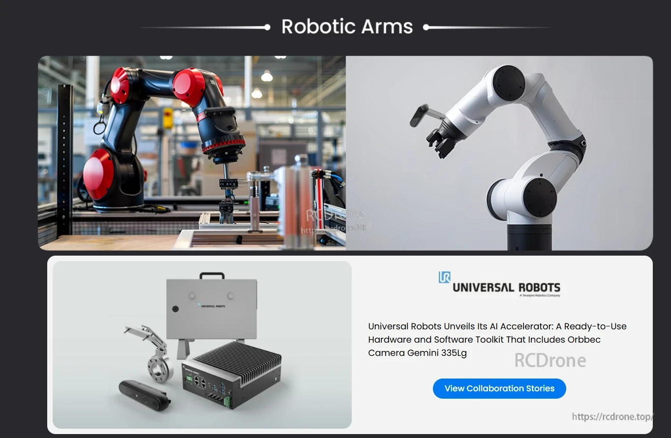 Orbbec Gemini 335Lg Stereo Vision 3D Camera, AI-powered Universal Robots arm with Orbbec Gemini 335Lg camera enhances precision and automation in industrial applications.