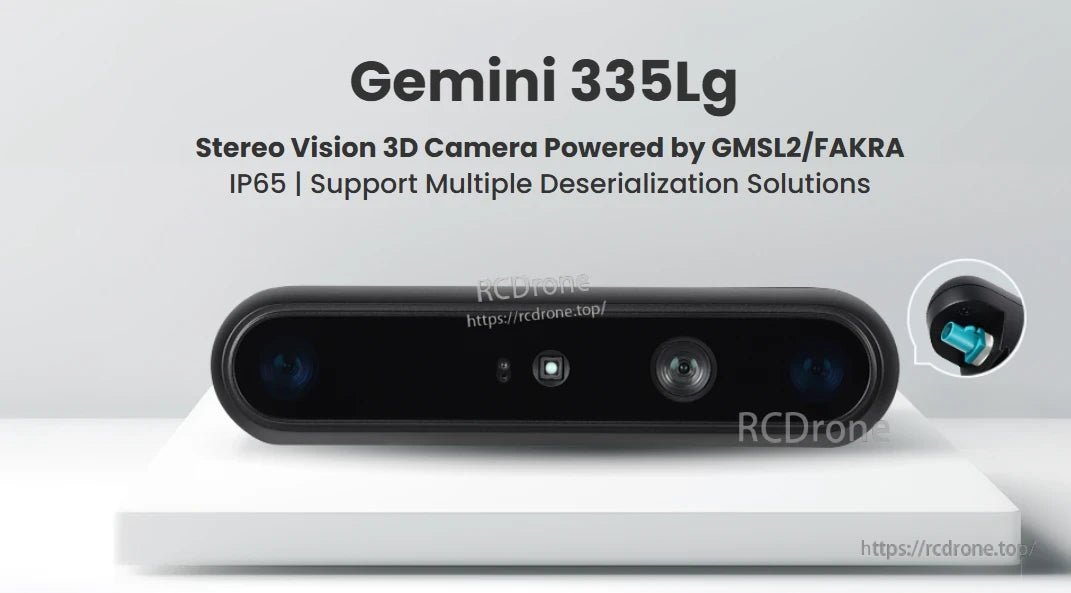 Orbbec Gemini 335Lg Stereo Vision 3D Camera, Gemini 335Lg is a stereo vision 3D camera with IP65 rating, GMSEL2/FAKRA power support, designed for robust, high-precision imaging in demanding environments.