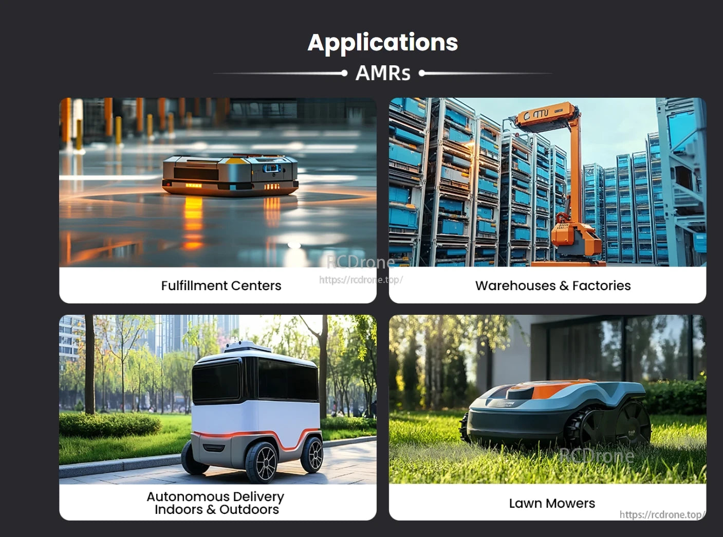 Orbbec Gemini 335Lg Stereo Vision 3D Camera, AMRs are used in fulfillment centers, warehouses, autonomous delivery, and lawn mowing for efficient, automated operations.