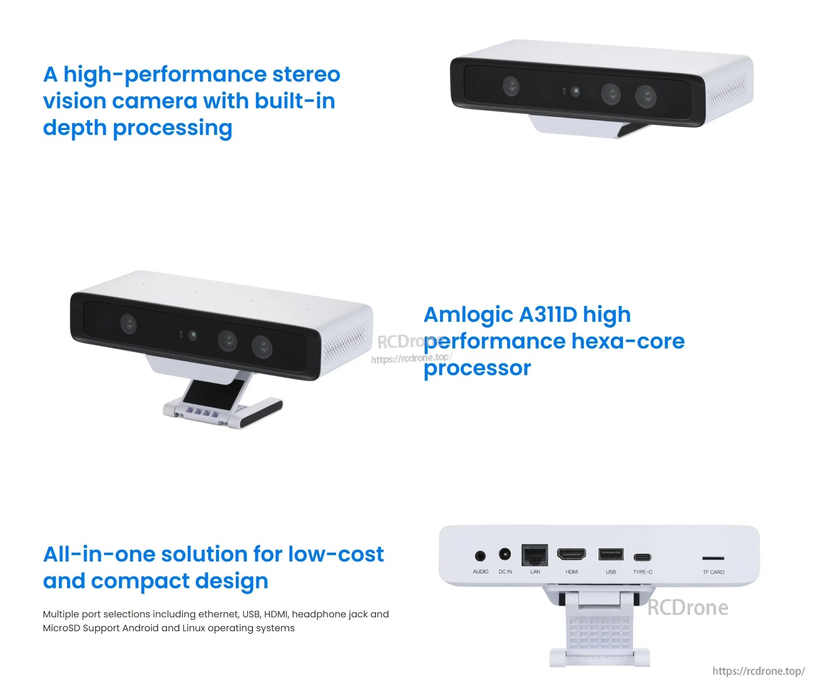 Orbbec Persee 2 3D Smart Camera, High-performance stereo vision camera with depth processing, Amlogic A311D hexa-core, compact design, supports Android/Linux, multiple ports: Ethernet, USB, HDMI, MicroSD.