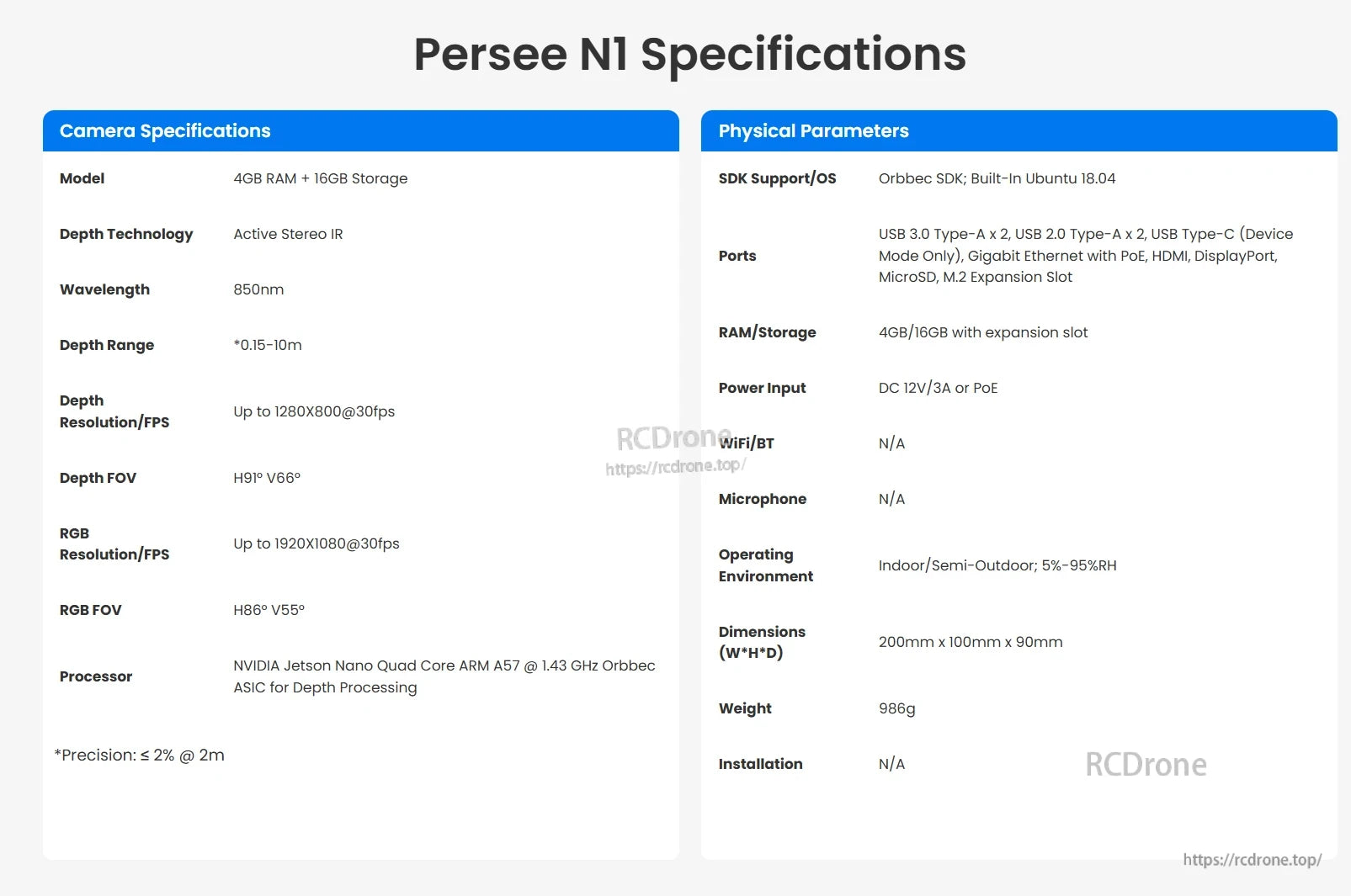 Orbbec Persee N1 3D Camera Kit, Orbbec Persee N1 features Active Stereo IR depth sensing, NVIDIA Jetson Nano, 4GB RAM, Ubuntu 18.04, compact size, and weighs 986g.