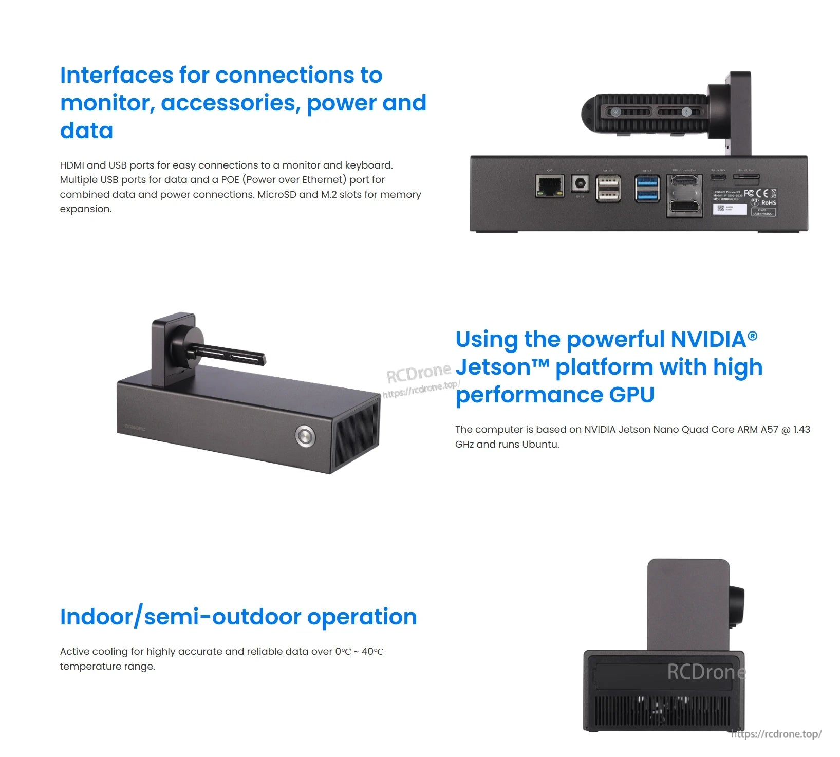 The Orbbec Persee N1 3D Camera Kit features multiple interfaces for monitor connections, accessories, power, and data, including HDMI, USB, POE, MicroSD, and M.2 ports.
