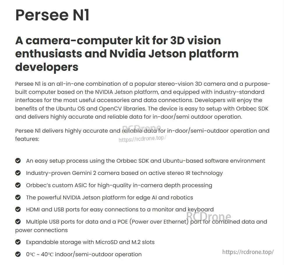 Orbbec Persee N1 3D Camera Kit, Persee N1 is a 3D vision kit with Jetson, Gemini 2 camera, Ubuntu, easy setup, depth processing, HDMI/USB, PoE, expandable storage, and 0°C–40°C operation.