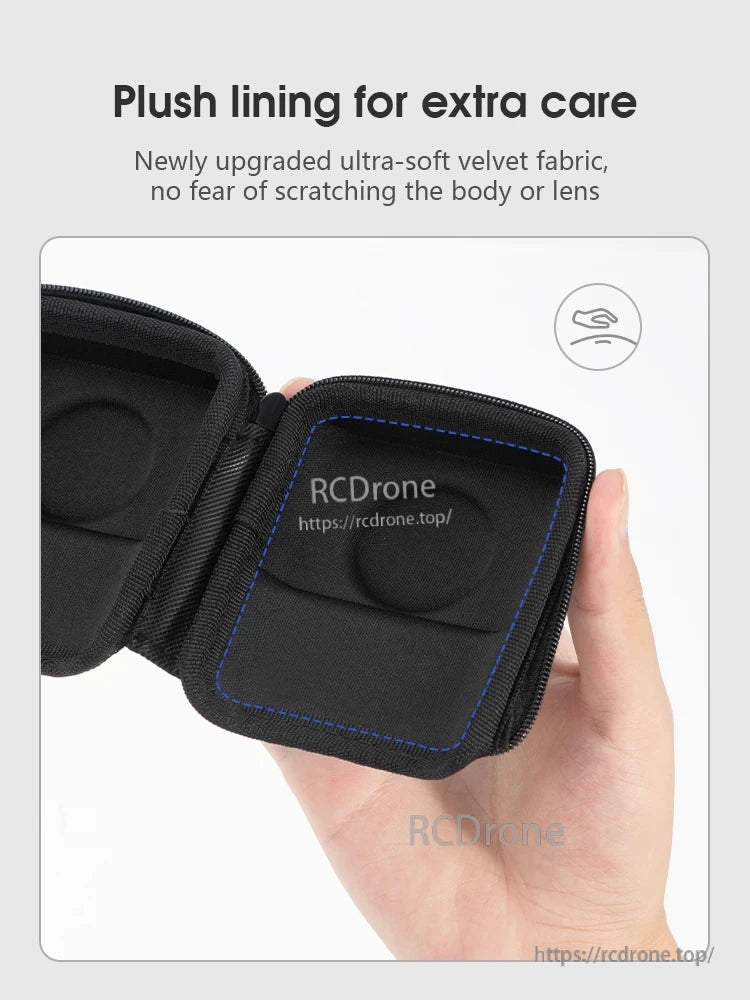 Osmo 360 Camera Case, Soft plush lining with upgraded velvet fabric protects body and lens from scratches, ensuring gentle care.