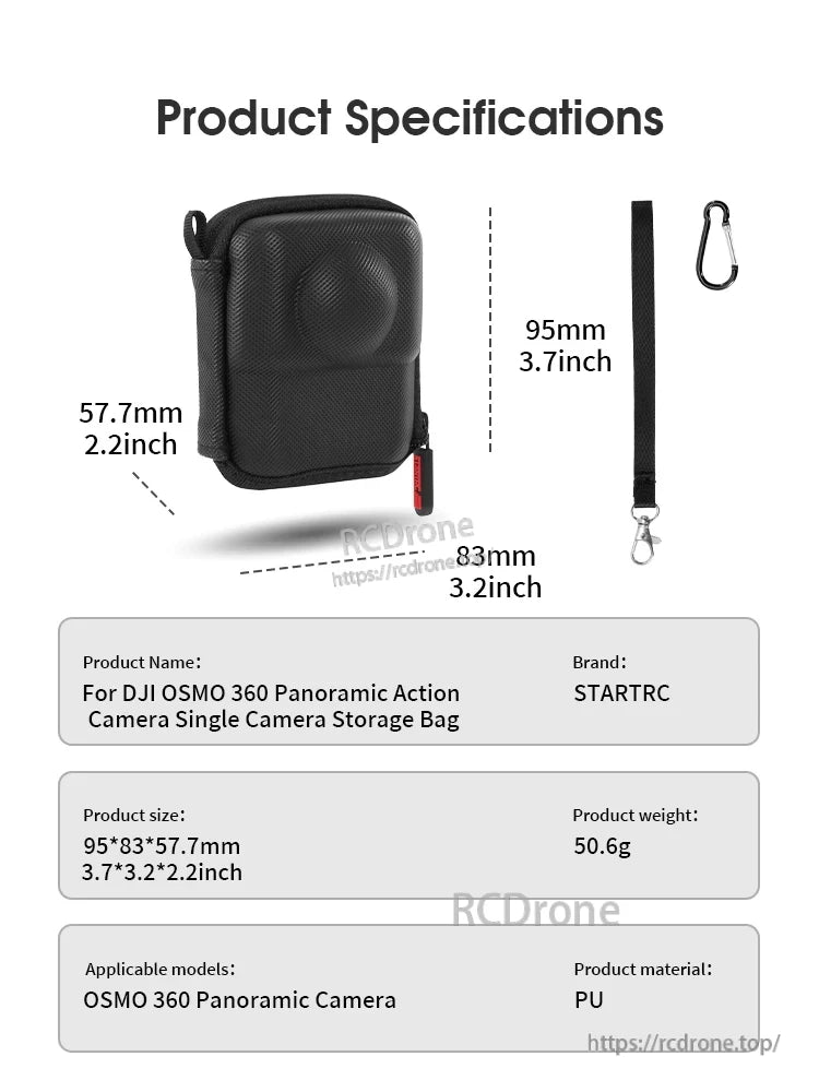 Osmo 360 Camera Case, STARTRC case for DJI OSMO 360, 95×83×57.7mm, 50.6g, PU material, includes carabiner strap, protects panoramic camera.