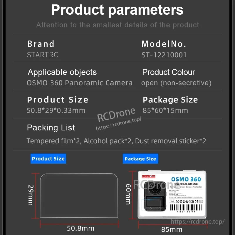 Osmo 360 Tempered Glass Film, STARTRC ST-12210001 tempered glass protector for OSMO 360: clear, precise fit, scratch/impact resistant. Includes 2 films, wipes, stickers. Ensures clarity, sensitivity, and full coverage. Durable, lightweight, easy to apply.