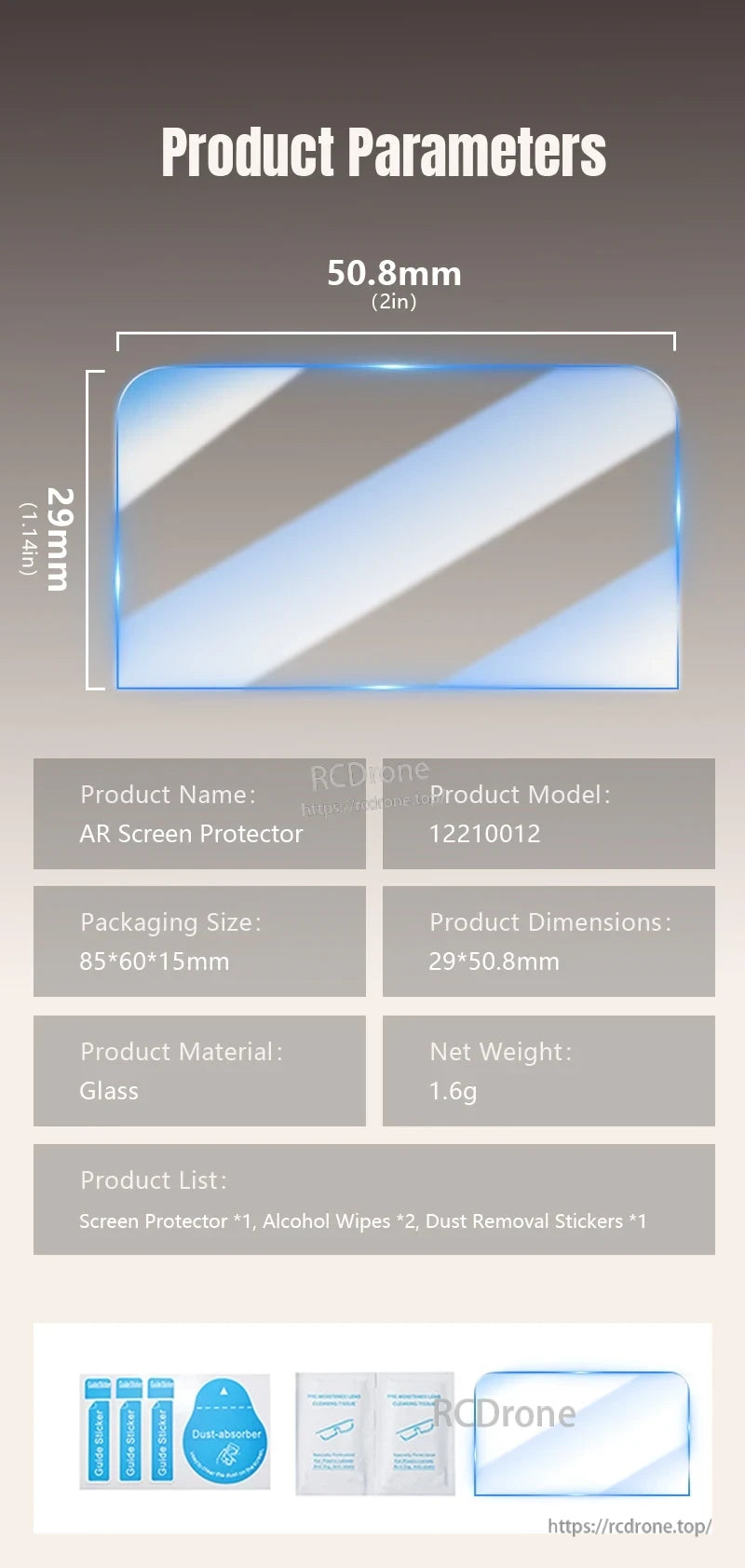 Osmo 360 Tempered Glass Film, AR screen protector (12210012), 29×50.8mm, 1.6g glass film; includes protector, 2 alcohol wipes, dust stickers, and guide tools.