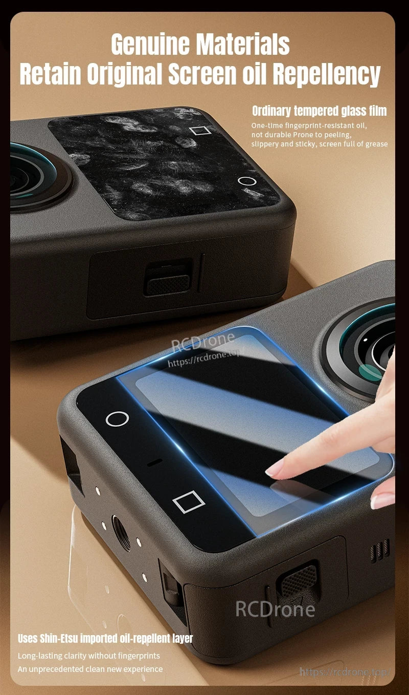 Osmo 360 Tempered Glass Film, Original screen oil repellency with Shin-Etsu layer resists fingerprints, ensuring lasting clarity and a clean feel.