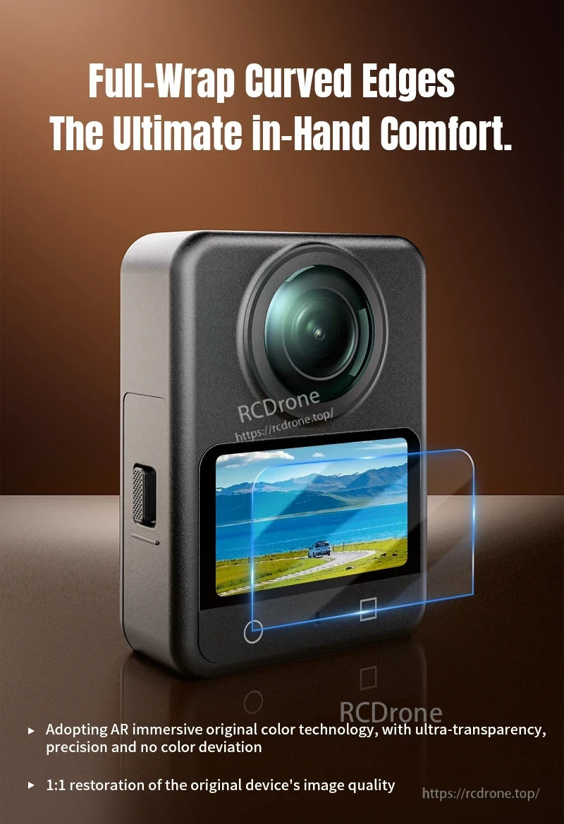 Osmo 360 Tempered Glass Film, Curved edges with AR color tech ensure ultra-transparent viewing, no color shift, and true 1:1 image quality.