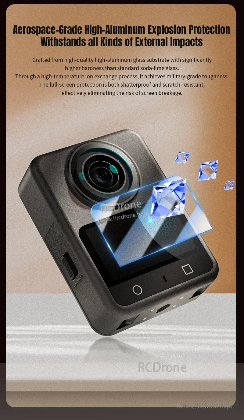 Osmo 360 Tempered Glass Film, High-aluminum glass film offers military-grade durability, shatterproof and scratch-resistant protection with full-screen coverage.