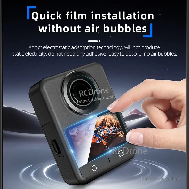 Osmo 360 Tempered Glass Film, Quick film installation without air bubbles, electrostatic adsorption, no adhesive needed.