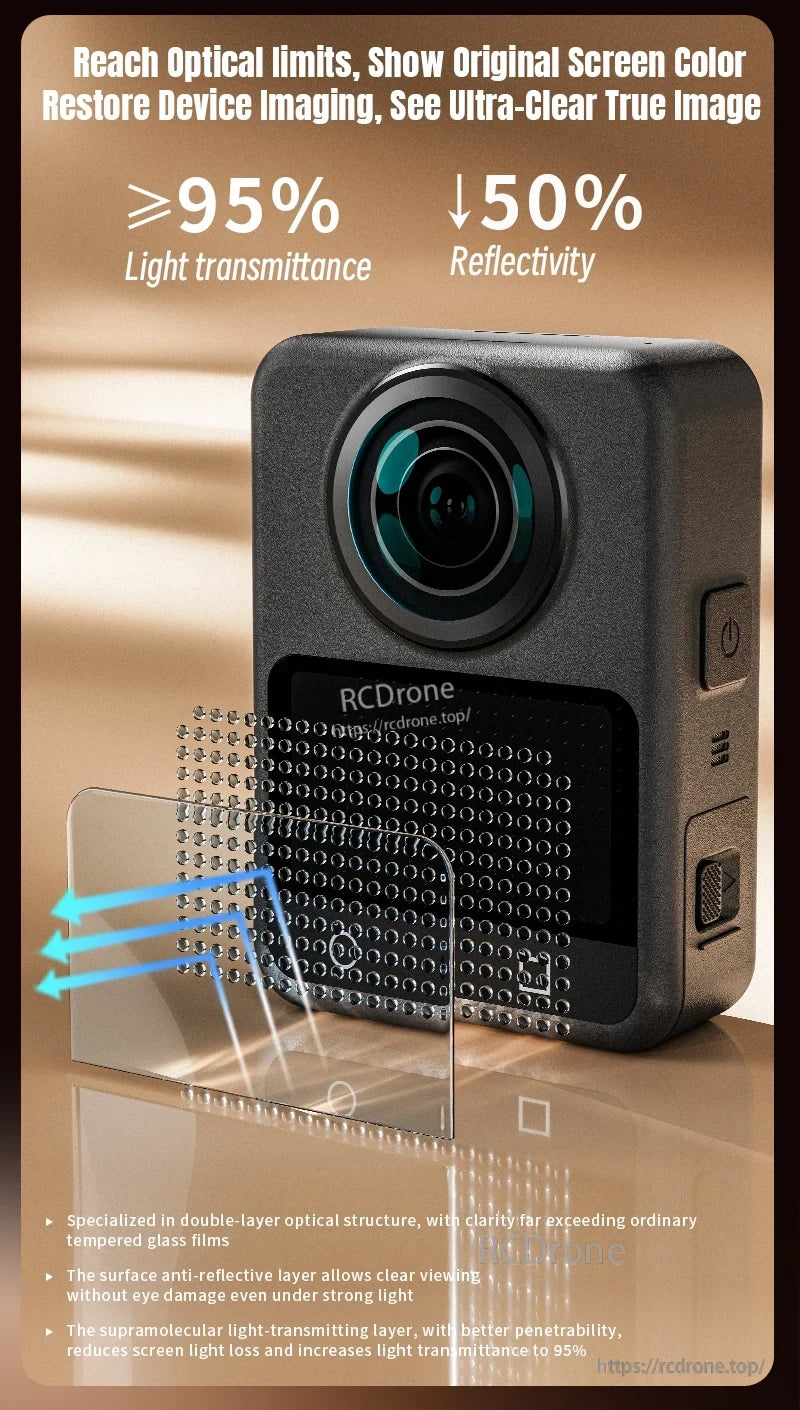 Osmo 360 Tempered Glass Film, Ultra-clear, anti-reflective screen protector with ≥95% light transmittance, double-layer tech, and enhanced brightness for true color, detail, and sharp visibility in sunlight.