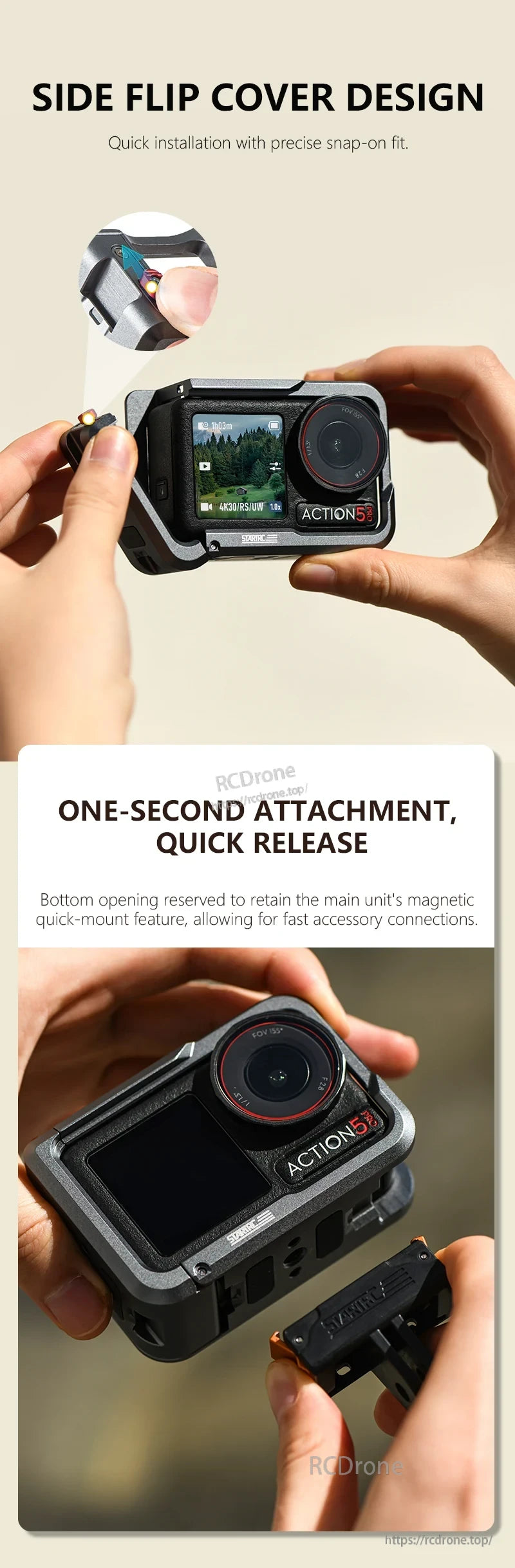Osmo Action 5 Pro Cage, Side flip cover allows quick, precise snap-on installation and one-second attachment with quick release; bottom opening keeps magnetic mount for fast accessory connections.