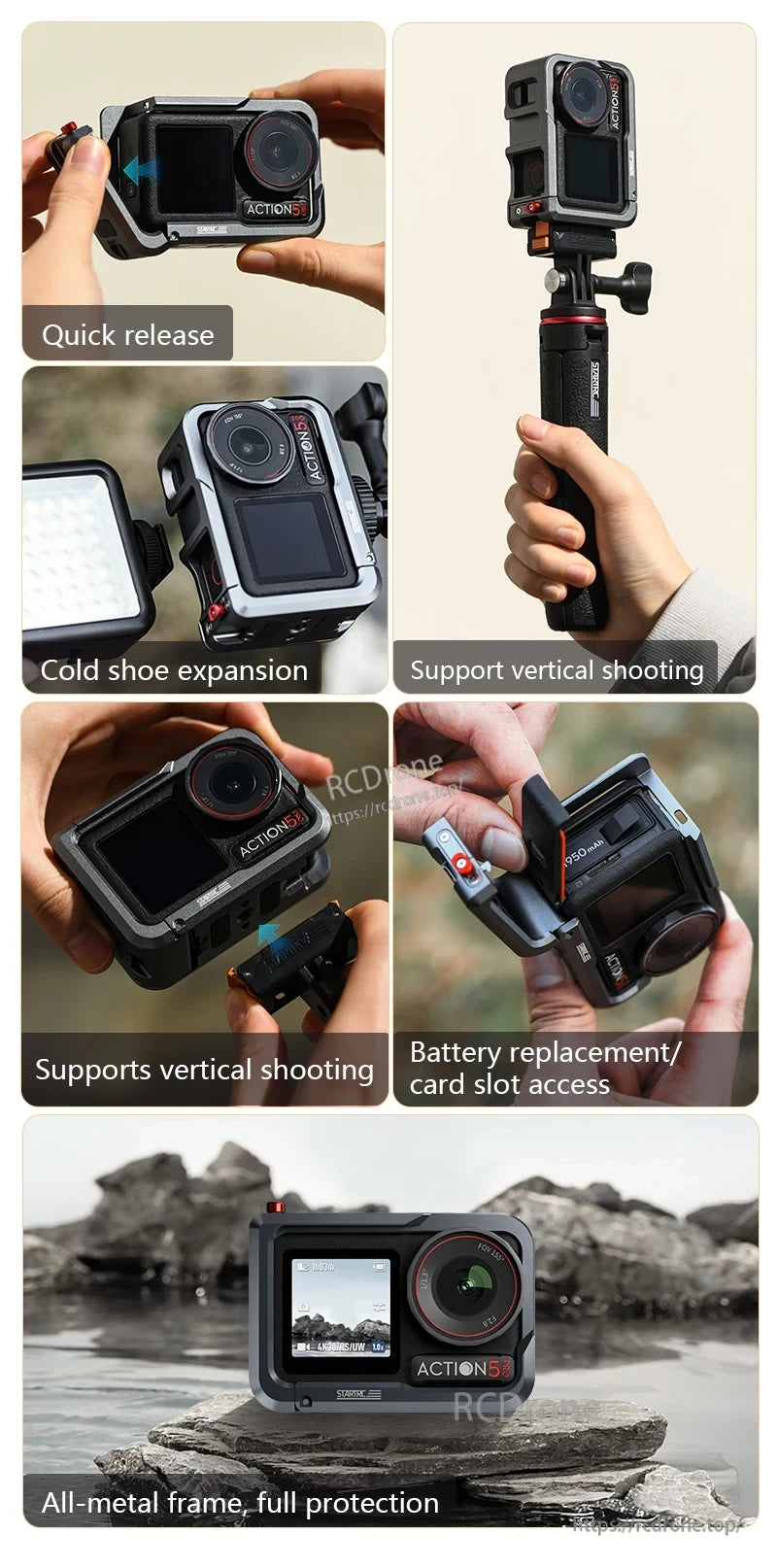 Osmo Action 5 Pro Cage, Durable all-metal frame with quick release, cold shoe, vertical shooting, easy battery and card access for enhanced drone functionality.
