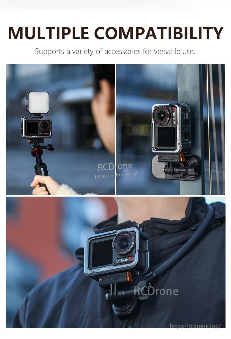 Osmo Action 5 Pro Cage, The Action 5 Pro cage supports various accessories and multiple mounts for versatile configurations.