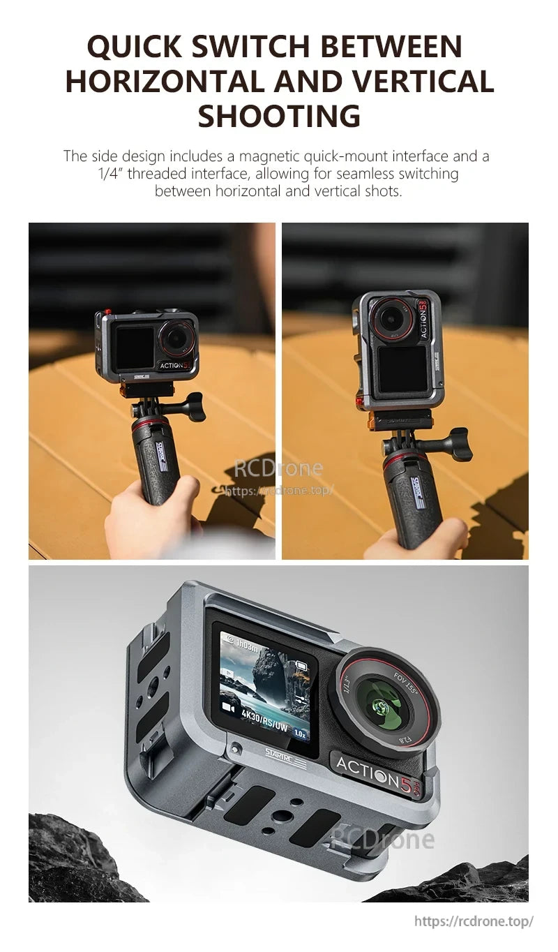 Osmo Action 5 Pro Cage, Quick switch between horizontal and vertical shooting with magnetic mount and 1/4" thread. Action5 Pro cage supports 4K30, front screen, and durable design.