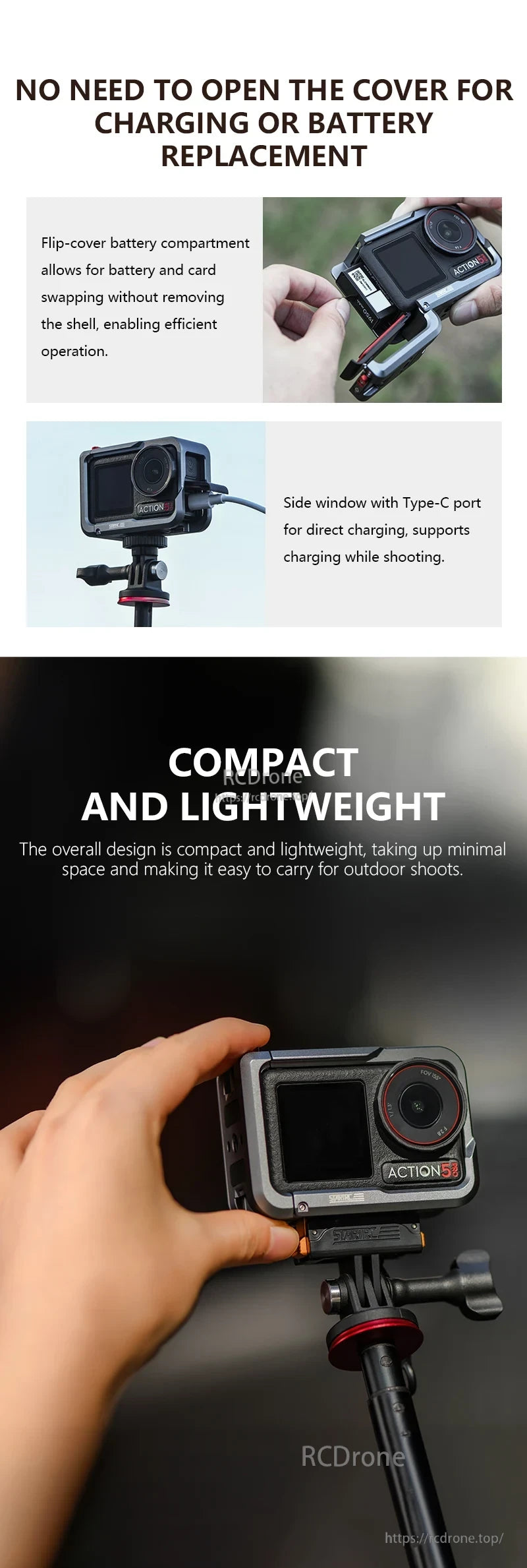 Osmo Action 5 Pro Cage, Flip-cover battery compartment and side Type-C port allow easy battery, card swap, and charging without removing the shell. Compact, lightweight, durable design ideal for outdoor use.