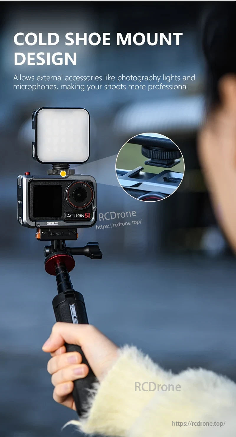 Osmo Action 5 Pro Cage, Cold shoe mount supports lights and mics for pro filming. Includes Action 5 Pro camera with protective cage and grip.