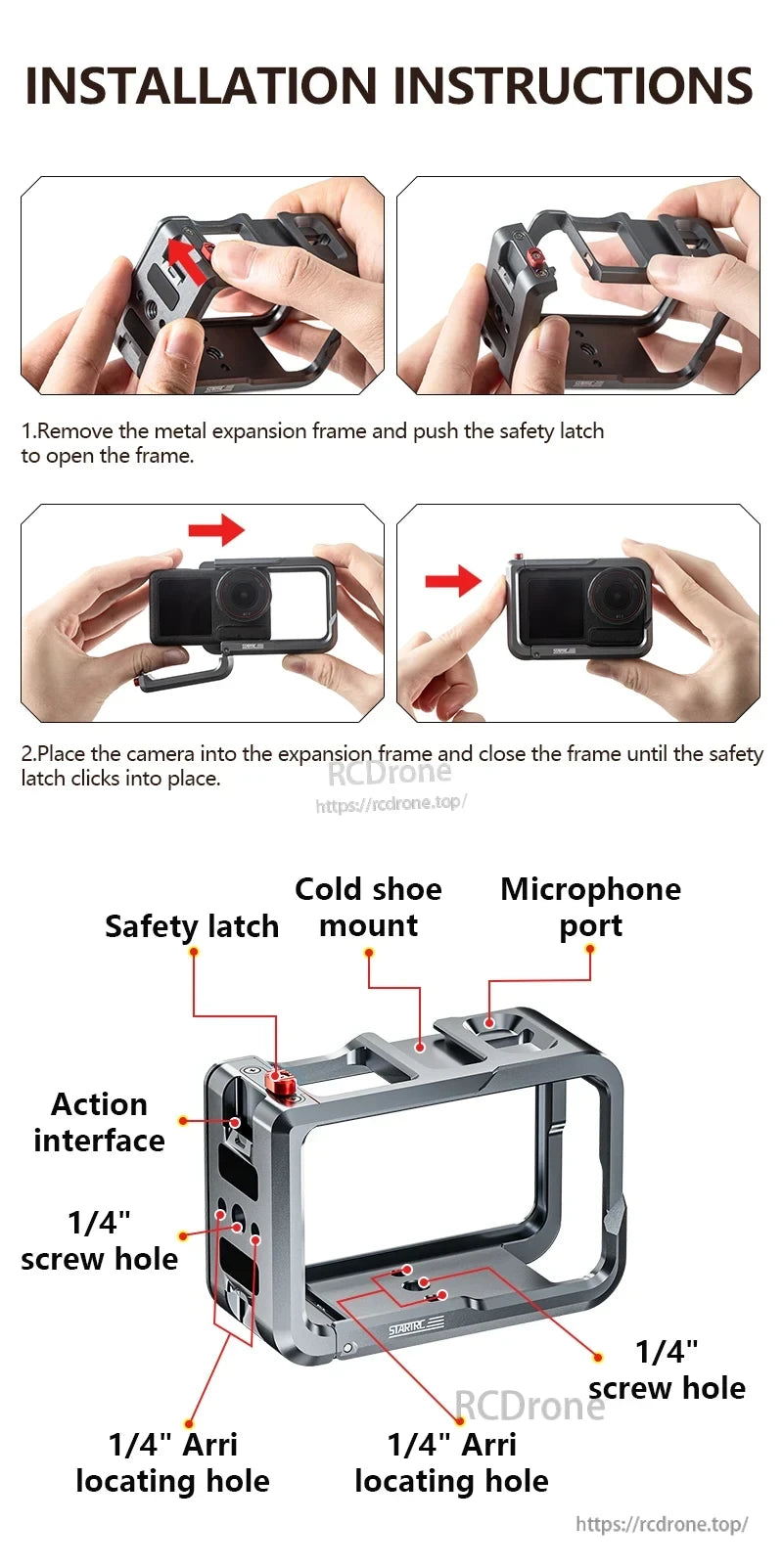 Install Osmo Action 5 Pro Cage by removing frame, opening latch, inserting camera, and closing frame. Includes safety latch, cold shoe, mic port, action interface, and multiple mounting holes.