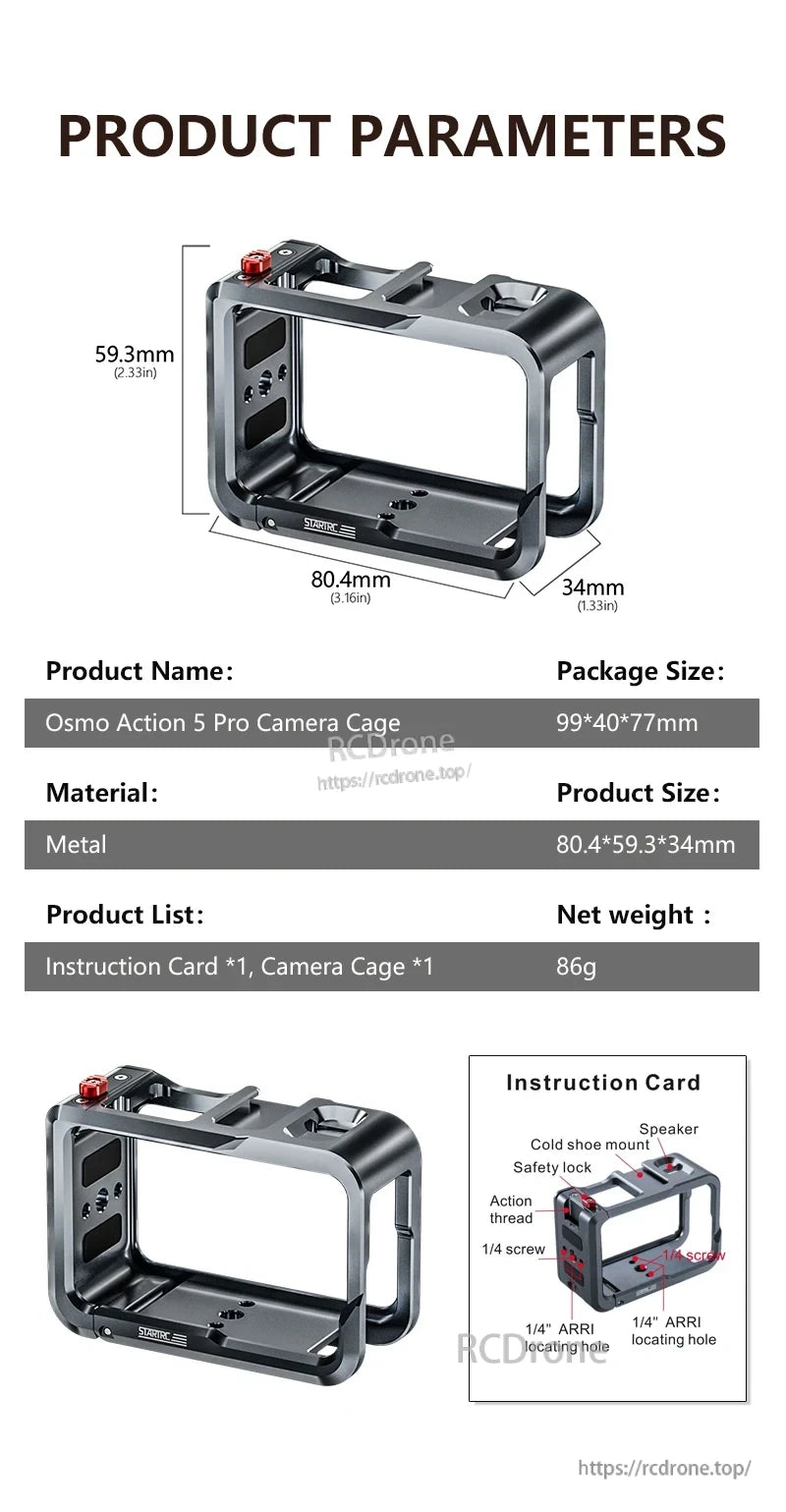 Osmo Action 5 Pro Cage, Osmo Action 5 Pro metal cage (86g, 80.4×59.3×34mm) features cold shoe, safety lock, threads, and mounts for enhanced stability and accessory compatibility.