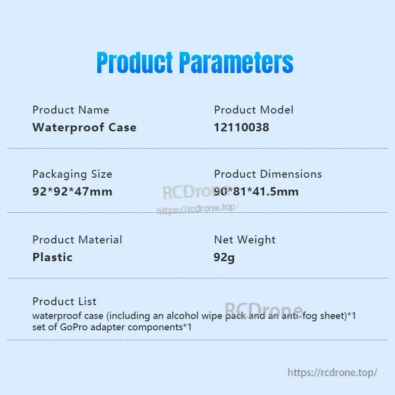 Osmo Action 5 Pro Dive Case, Waterproof Case (12110038), 92g, 90×81×41.5mm plastic case with wipe, anti-fog sheet, GoPro adapter. Packaging: 92×92×47mm.