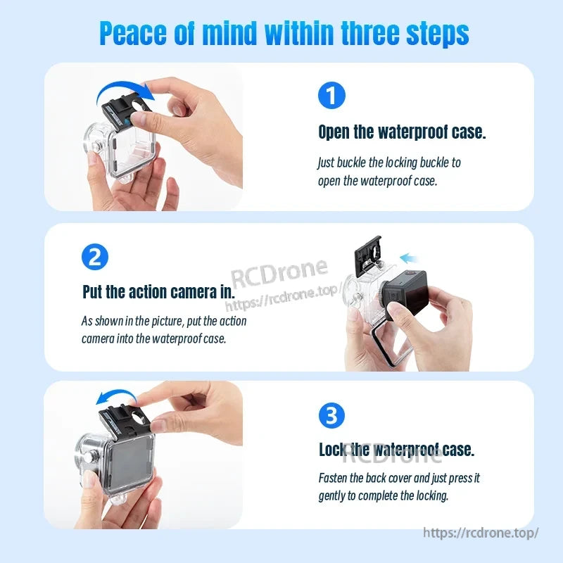 Osmo Action 5 Pro Dive Case, Open waterproof case, insert action camera, lock case. Three steps for secure protection.