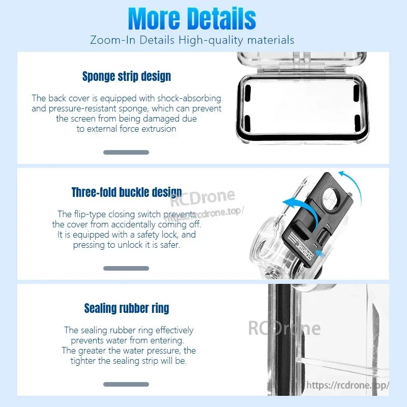 The Osmo Action 5 Pro Dive Case features shock-absorbing material, a secure three-fold buckle, sealing rubber ring, and high-quality design for reliable underwater protection.