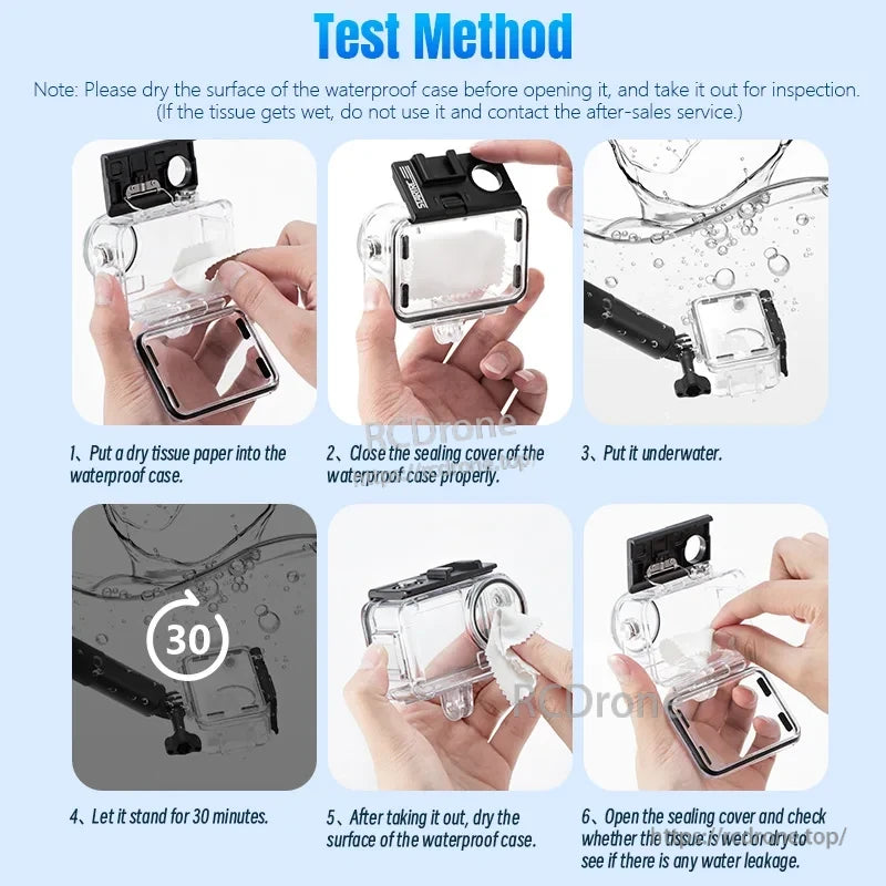 Osmo Action 5 Pro Dive Case, Submerge sealed case with dry tissue for 30 minutes; check for moisture after drying surface to detect leaks.