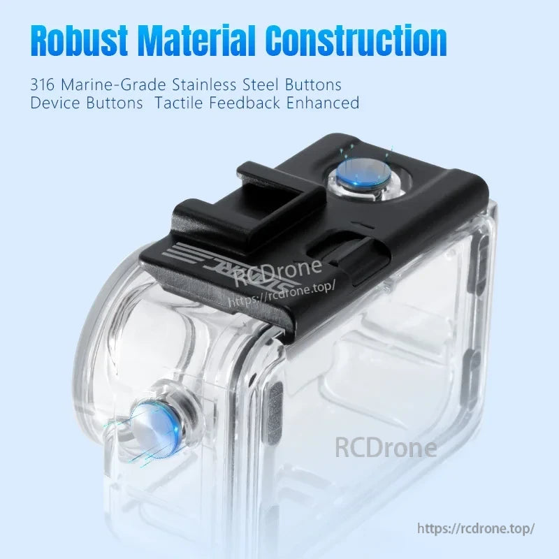 Osmo Action 5 Pro Dive Case, Durable 316 marine-grade stainless steel buttons provide enhanced tactile feedback for long-lasting, reliable performance.