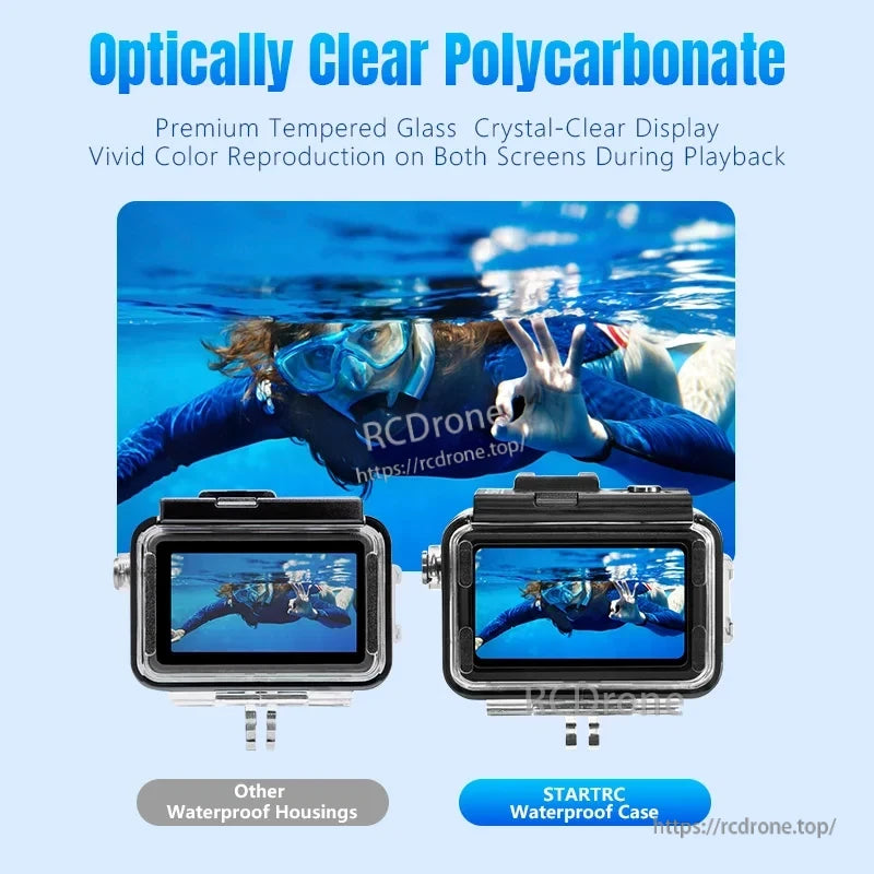 Osmo Action 5 Pro Dive Case, Optically clear polycarbonate case with premium tempered glass for vivid display.