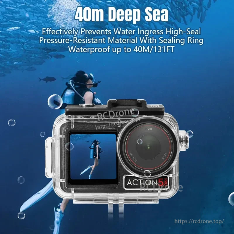 Osmo Action 5 Pro Dive Case, Waterproof case rated for 40m depth, featuring high-seal pressure-resistant material and sealing ring for reliable underwater protection.