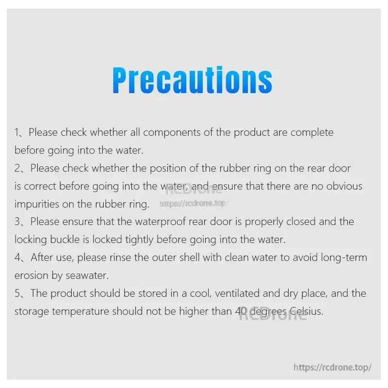 Osmo Action 5 Pro Dive Case, Check components, seal waterproof door, rinse after use, and store in a cool, dry place below 40°C. Ensure rubber ring is intact.