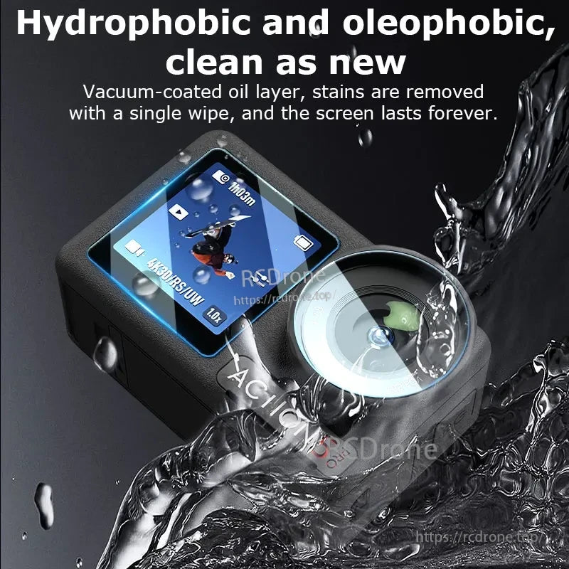 Osmo Action 5 Pro Protector, Hydrophobic and oleophobic screen protector with vacuum-coated oil layer resists stains, easy to clean, and designed for long-lasting performance.