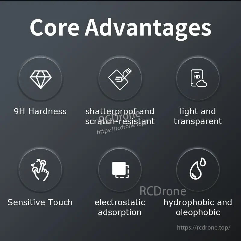 Osmo Action 5 Pro Protector, 9H hardness, shatterproof, transparent film with sensitive touch, electrostatic adsorption, and hydrophobic/oleophobic properties for superior screen protection.