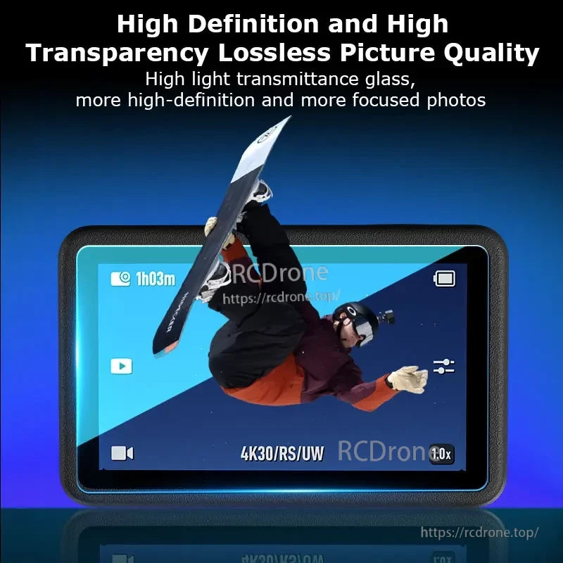 Osmo Action 5 Pro Protector, Ultra-clear 4K30/RS/UW video with lossless quality, high transparency, lasting 1 hour 3 minutes, recorded at 1.0x speed.