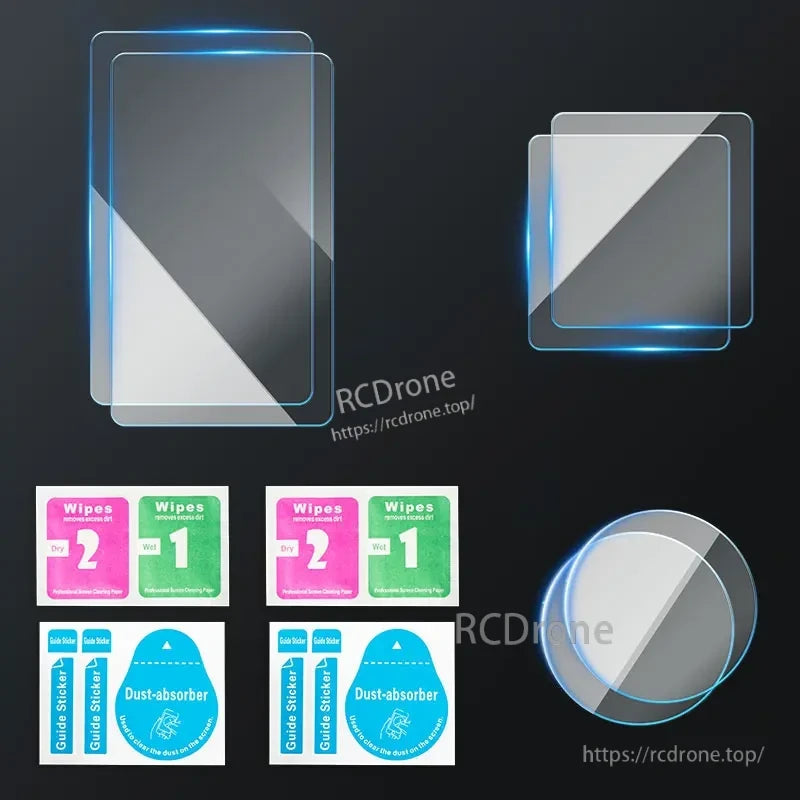 Osmo Action 5 Pro Protector, Osmo Action 5 Pro screen protector set includes tempered glass, cleaning wipes, dust absorber, and guide stickers for easy installation.