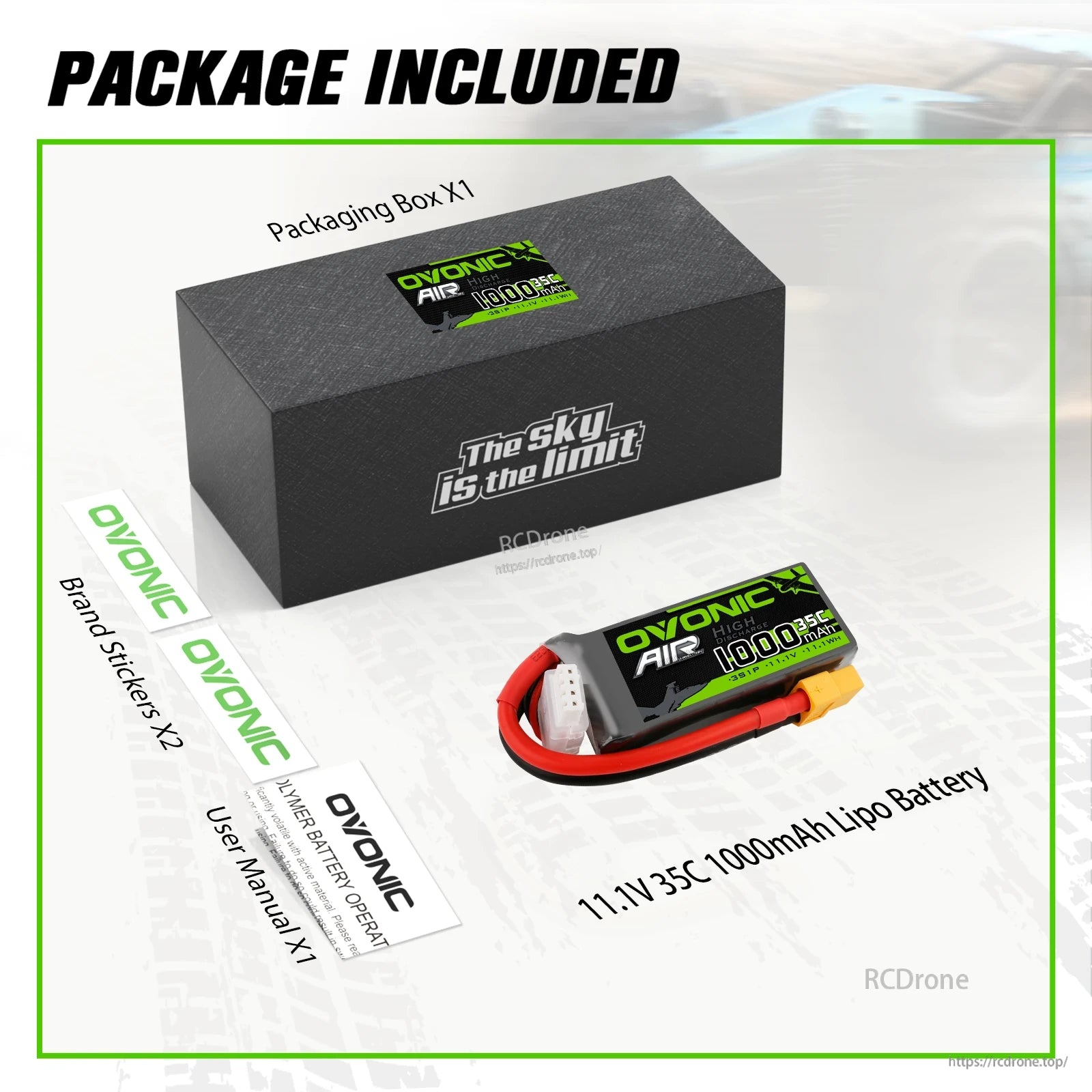 Package contents: 11.1V 1000mAh 35C LiPo battery, packaging box, stickers, and user manual