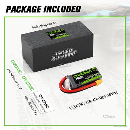Package contents: 11.1V 1000mAh 35C LiPo battery, packaging box, stickers, and user manual