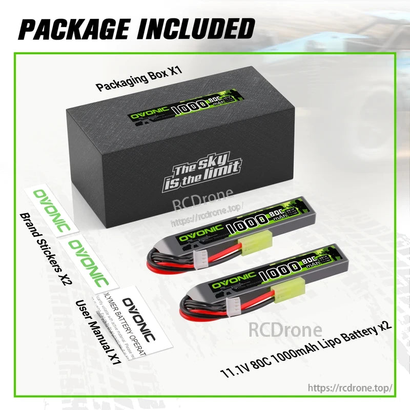 Package contents: 2x Ovonic 1000mAh 80C LiPo battery packs, box, brand stickers and user manual