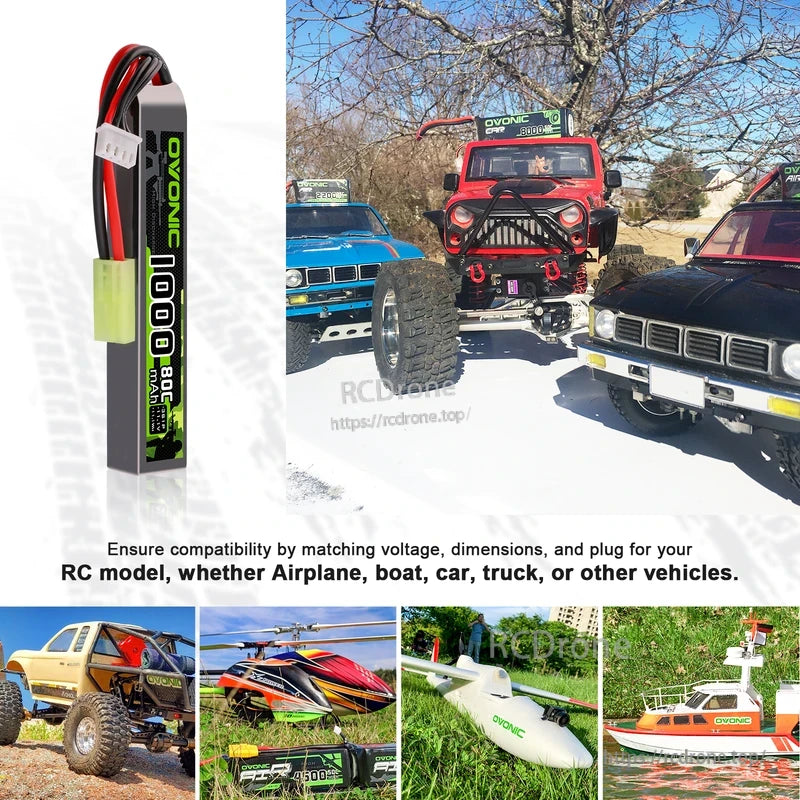 Ovonic 1000mAh 80C LiPo battery shown for RC car, truck, boat and airplane applications