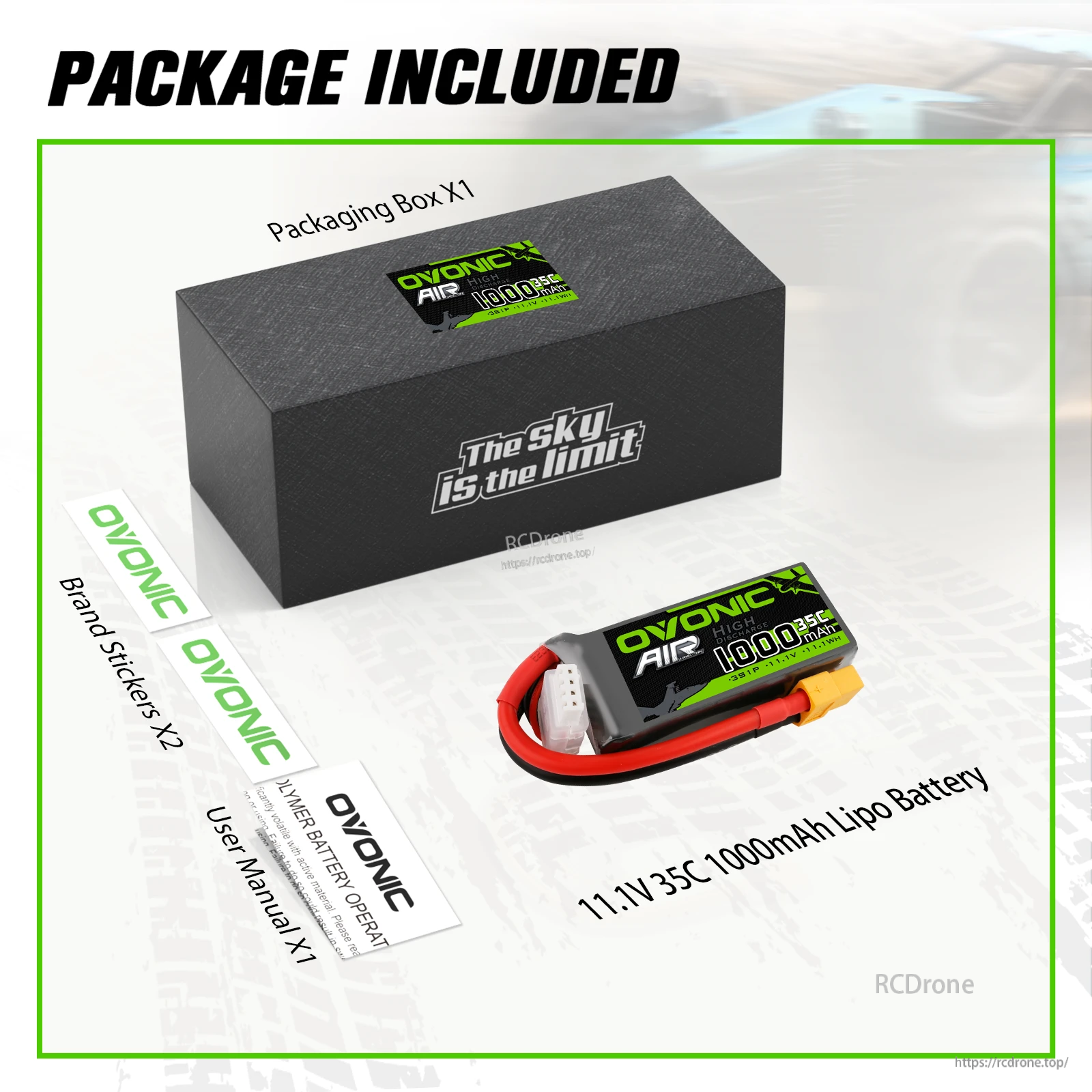 Package contents: Ovonic 11.1V 35C 1000mAh LiPo battery, retail box, user manual, and two Ovonic brand stickers