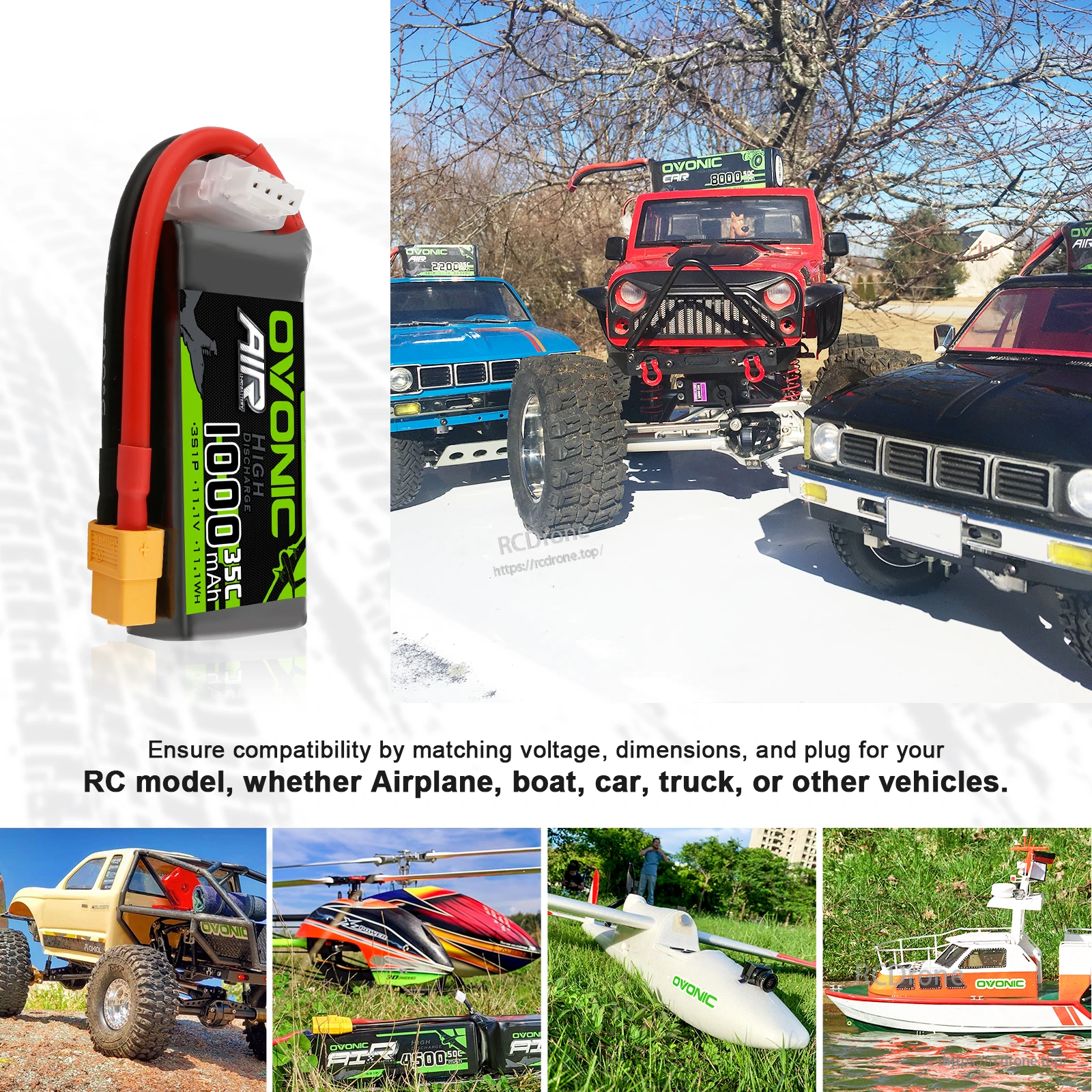 Ovonic 1000mAh 3S 11.1V 35C LiPo shown for RC models, with examples like car, helicopter, plane, and boat use