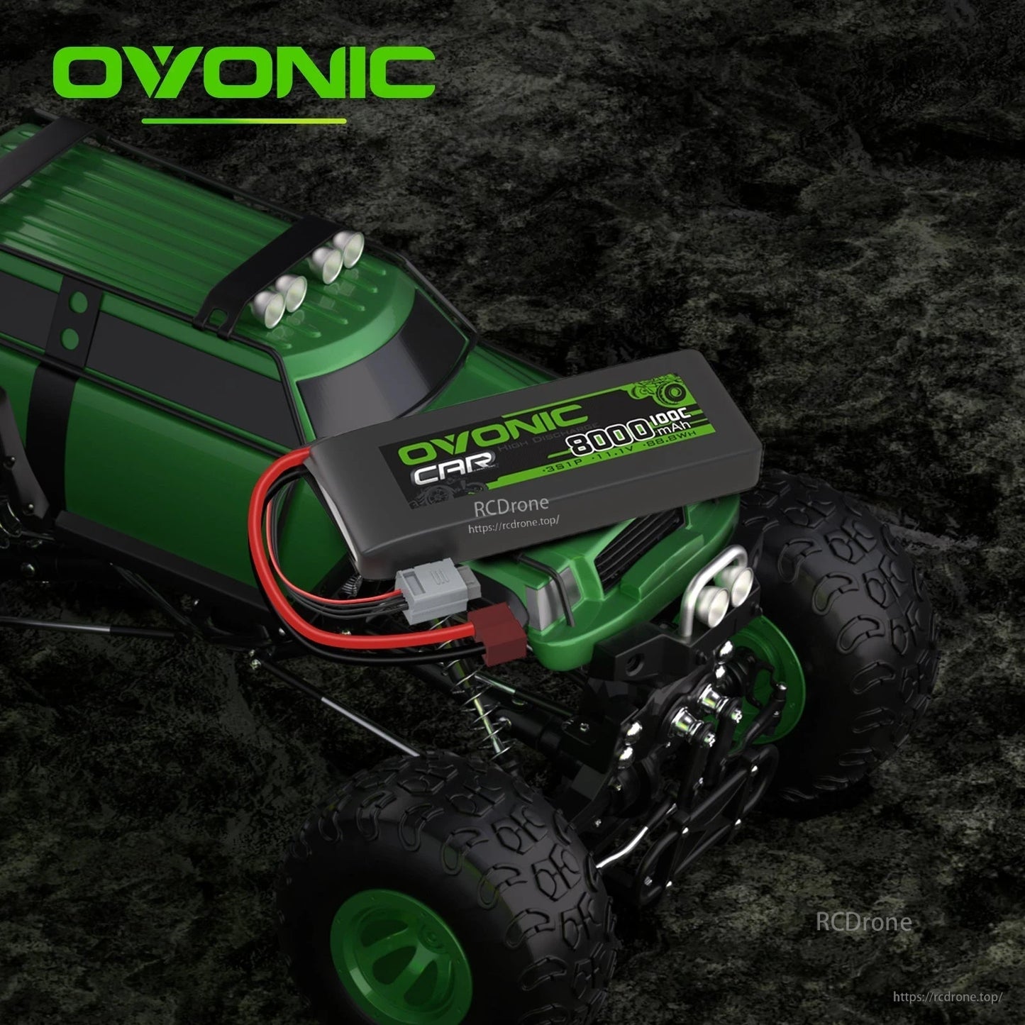 LiPo battery installed on green RC car showing fitment and wiring connection