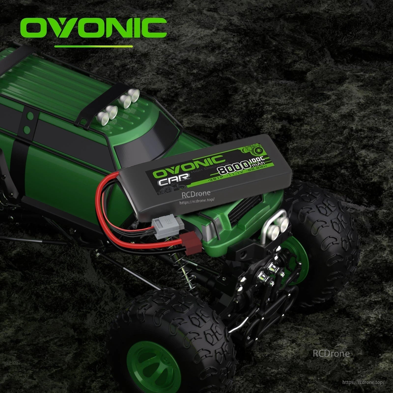 LiPo battery installed on green RC car showing fitment and wiring connection
