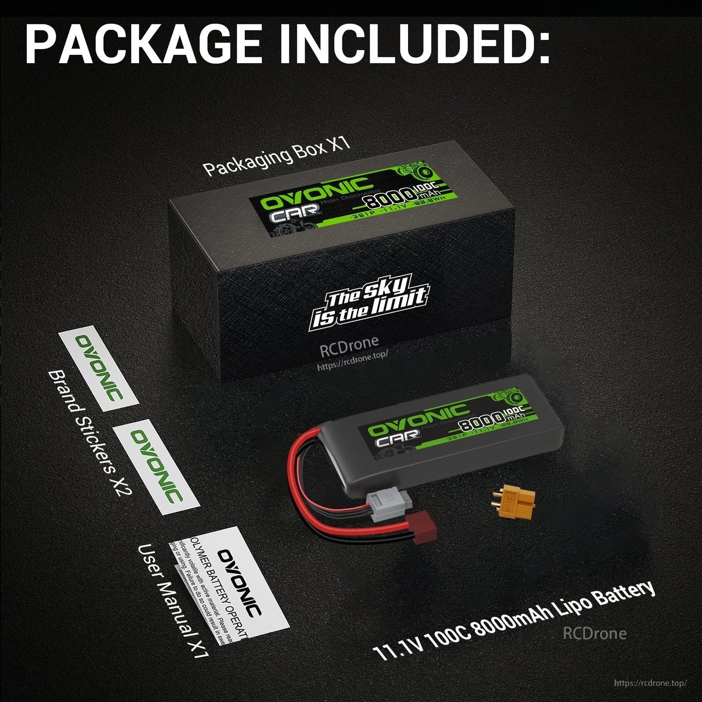 Package contents: Ovonic 11.1V 8000mAh 100C LiPo battery, box, user manual, and brand stickers