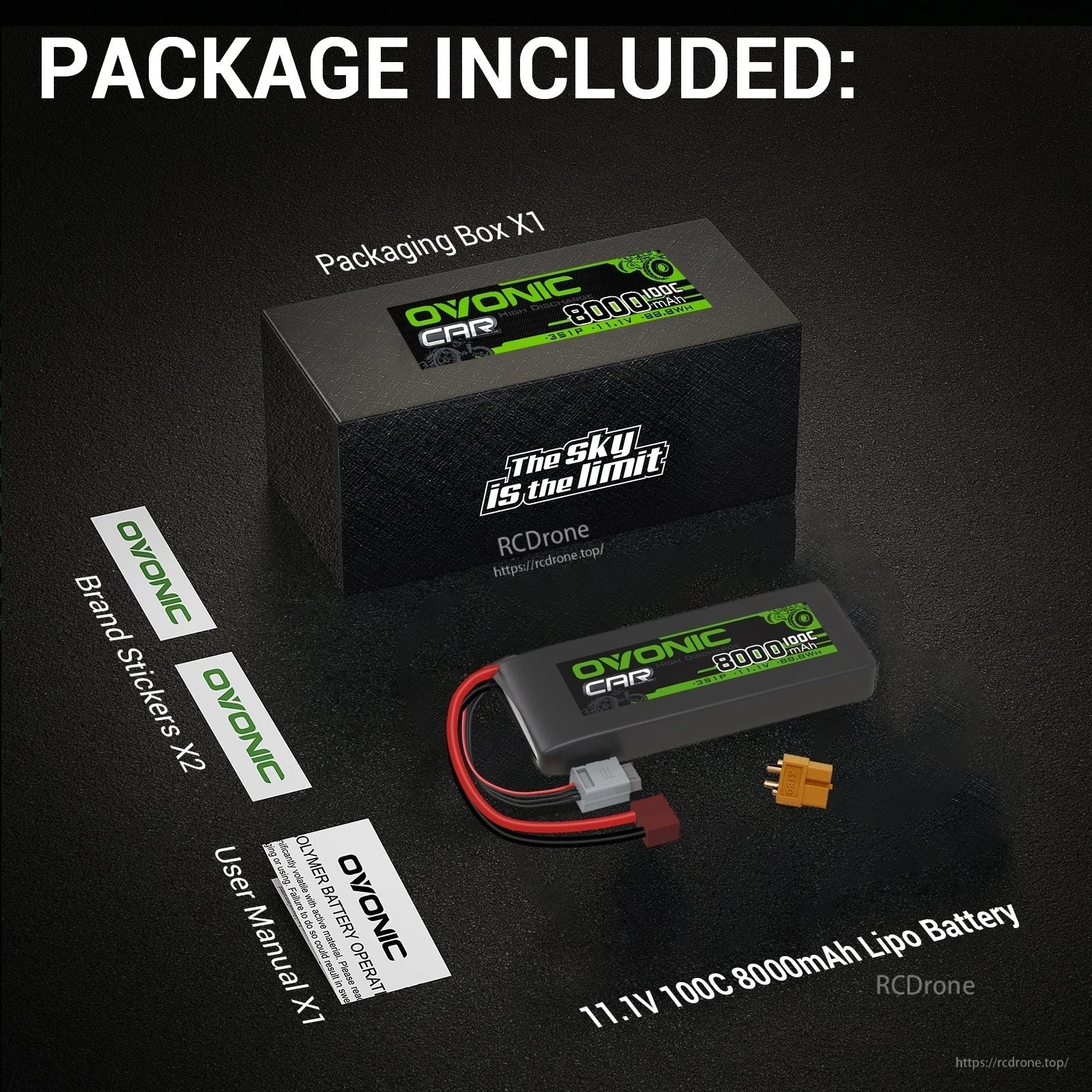 Package contents: Ovonic 11.1V 8000mAh 100C LiPo battery, box, user manual, and brand stickers