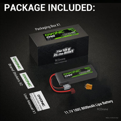Package contents: Ovonic 11.1V 8000mAh 100C LiPo battery, box, user manual, and brand stickers